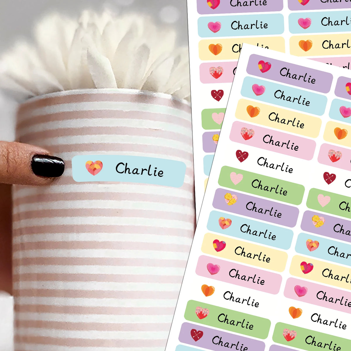 Personalized Heart Shape Name Tags Stickers Waterproof Labels For School Supplies Water Bottles Lunch Boxes Stationery Design