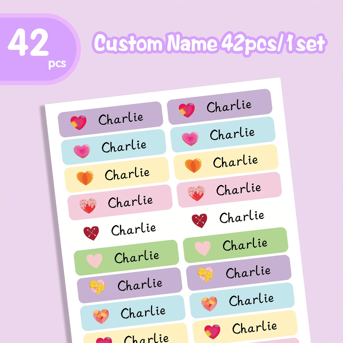 Personalized Heart Shape Name Tags Stickers Waterproof Labels For School Supplies Water Bottles Lunch Boxes Stationery Design