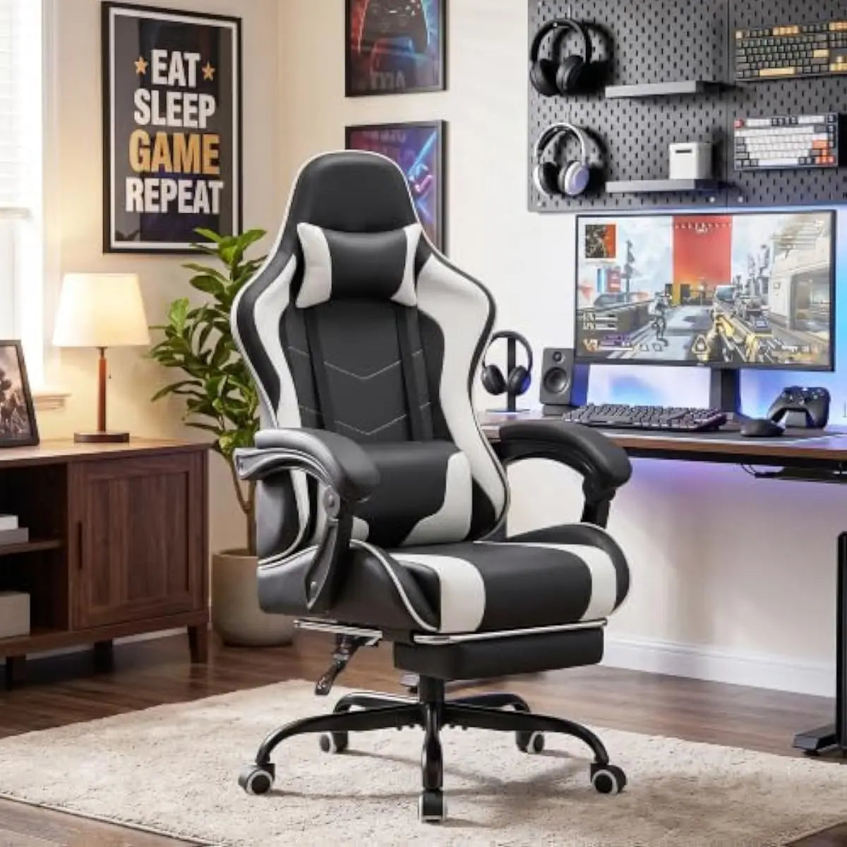 Gaming Chair with Adjustable Height Swivel Seat Reclining Backrest Up to 135 Degrees Integrated Footrest Lumbar Massage Pillow E