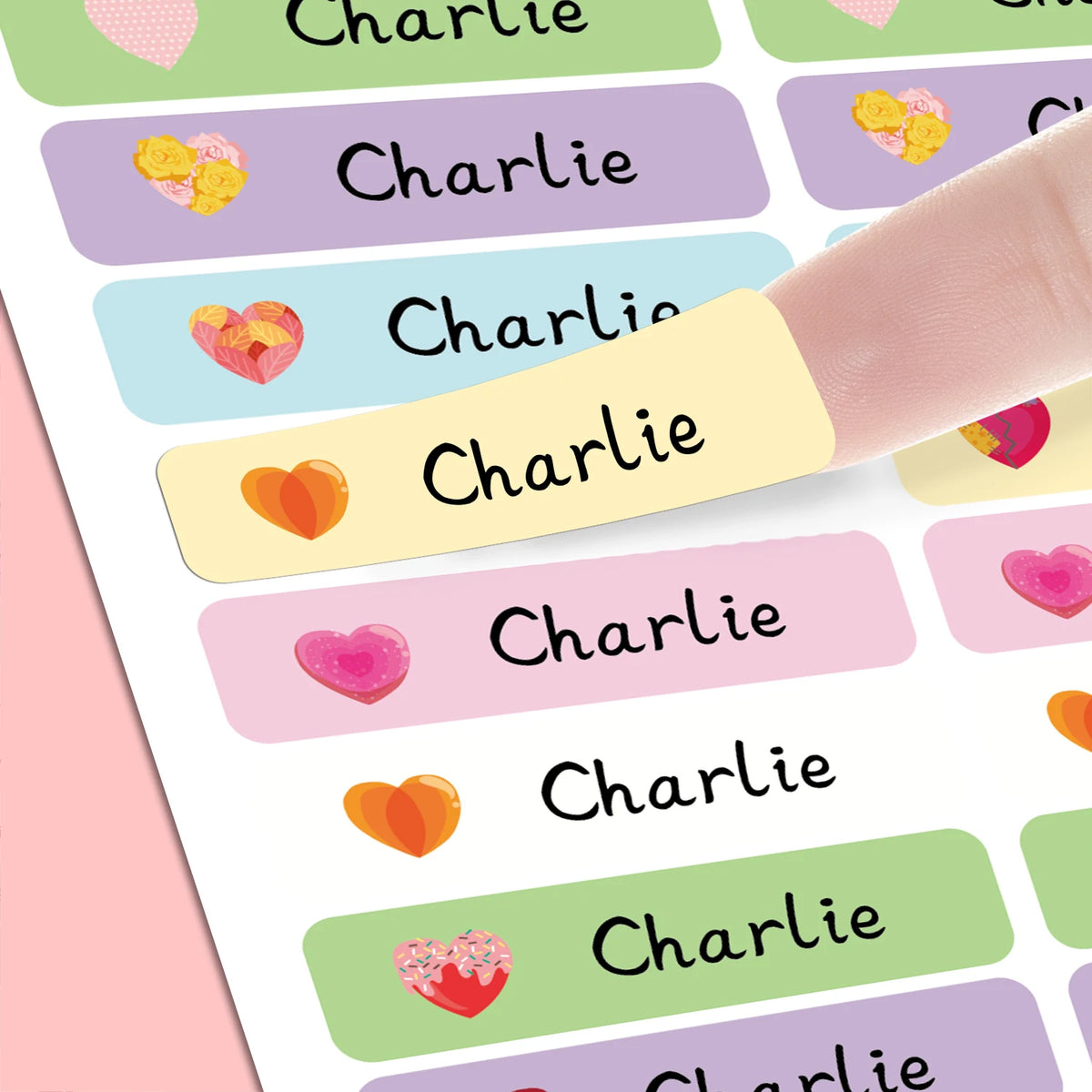 Personalized Heart Shape Name Tags Stickers Waterproof Labels For School Supplies Water Bottles Lunch Boxes Stationery Design