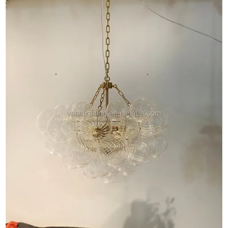Custom Modern Hand Blown Round with Steel Brass Hanging Lamp Nordic Villa Hotel Interior Decoration Bubble Ball Pendant