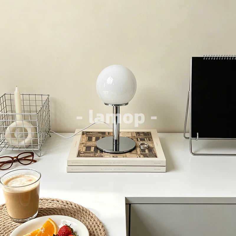 Milky White Solid Globe Chrome Thin Pole Table Lamp Cream Ins White Desk 3 Tone Soft Light Reading Table Decor Lamp