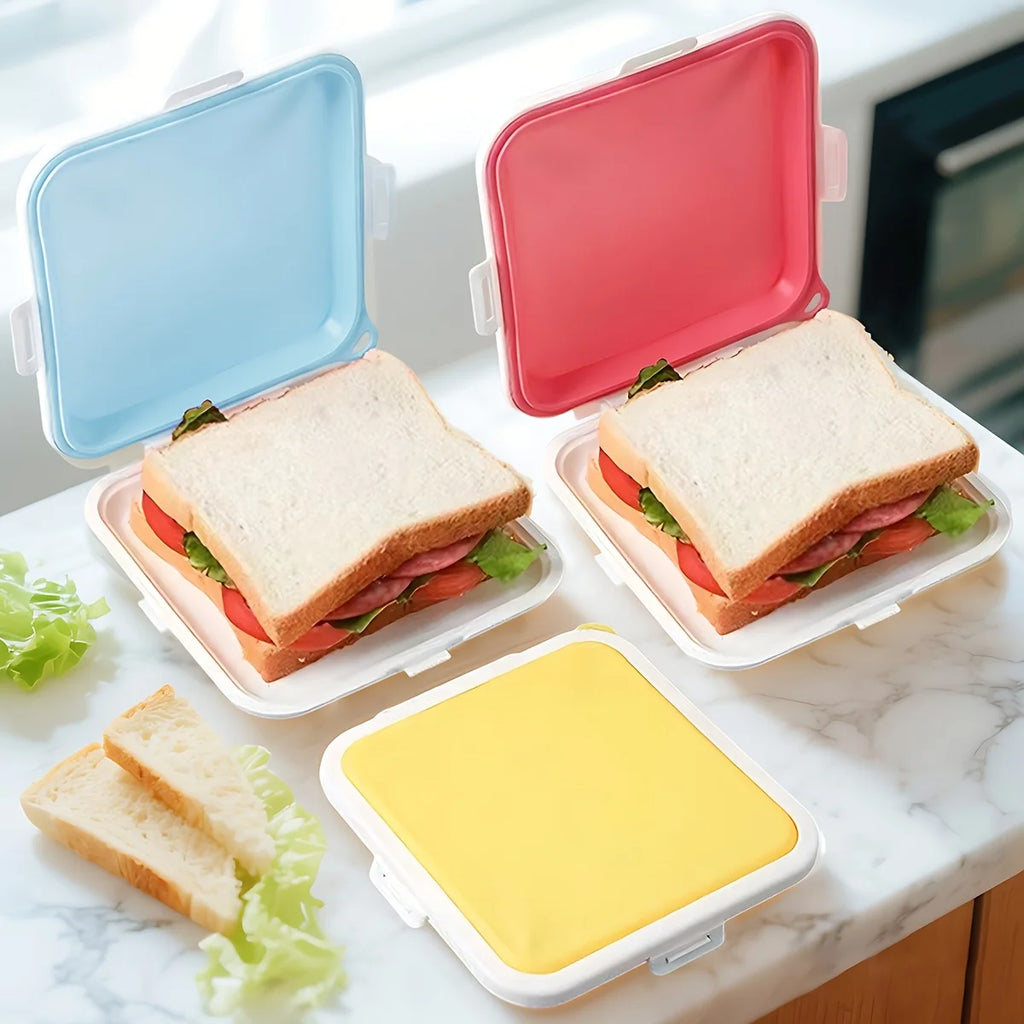 Portable Silicone Sandwich Box With Airtight Lid Microwave Safe Reusable Lunch Container For School Office Outdoor Travel Picnic