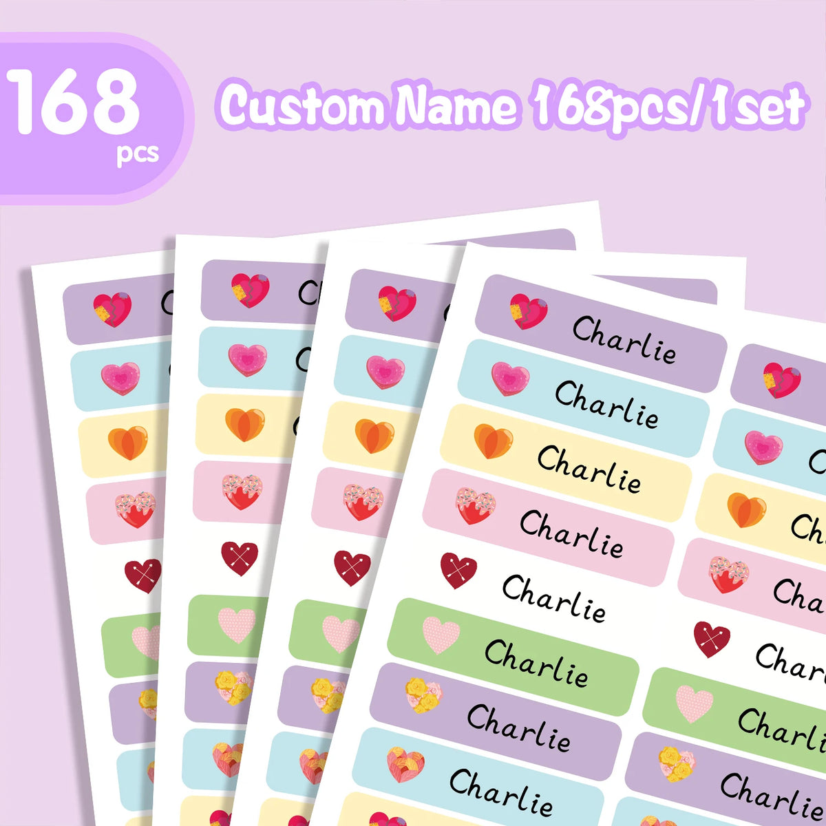 Personalized Heart Shape Name Tags Stickers Waterproof Labels For School Supplies Water Bottles Lunch Boxes Stationery Design