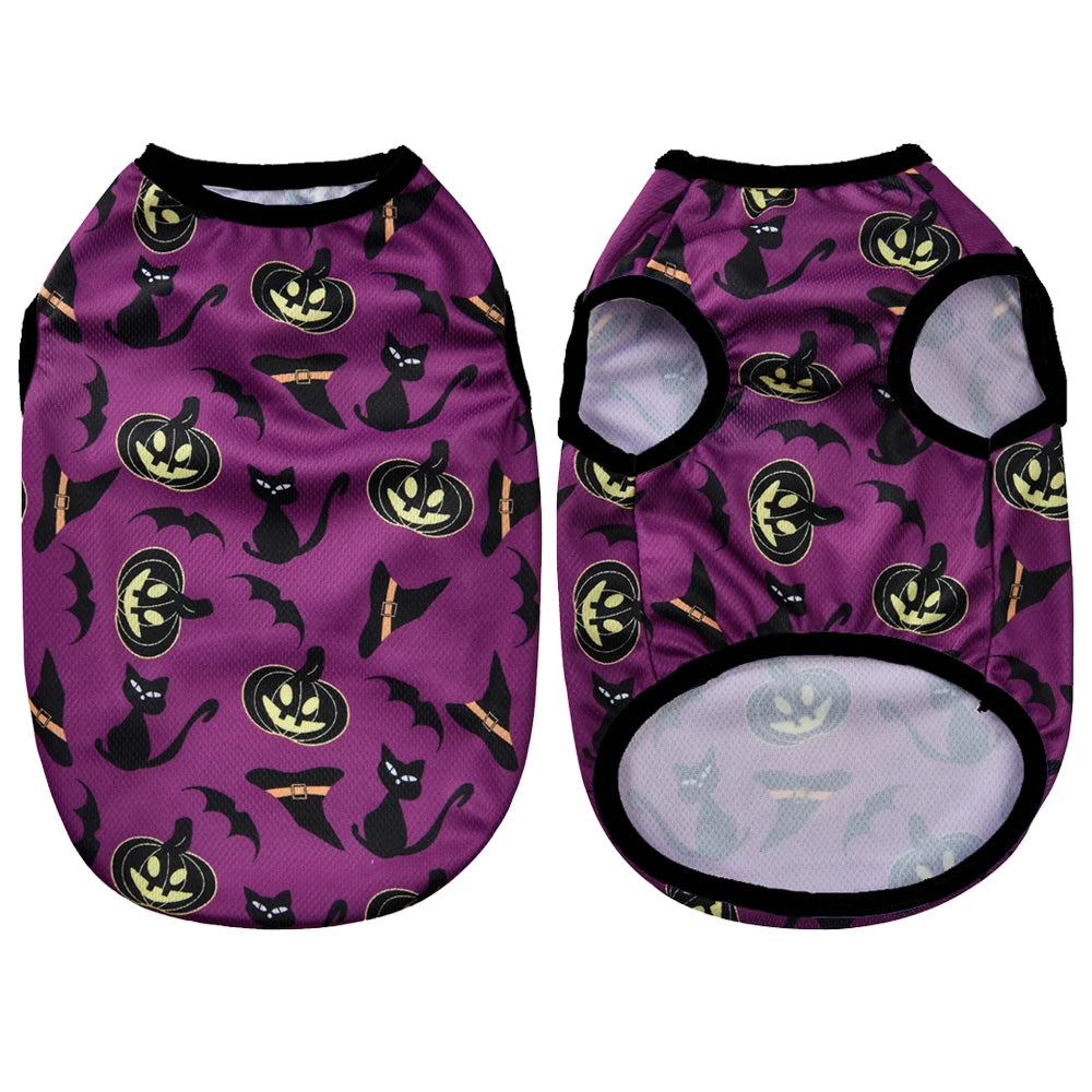 Halloween Pumpkin Print Dog Clothes For Small Medium Dogs Cats Breathable Pet T-shirt Chihuahua French Bulldog Puppy Costumes