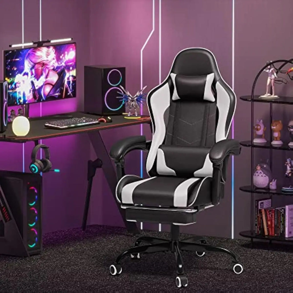 Gaming Chair with Adjustable Height Swivel Seat Reclining Backrest Up to 135 Degrees Integrated Footrest Lumbar Massage Pillow E