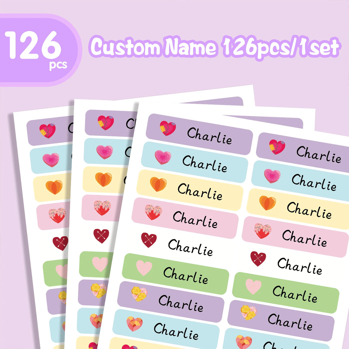 Personalized Heart Shape Name Tags Stickers Waterproof Labels For School Supplies Water Bottles Lunch Boxes Stationery Design