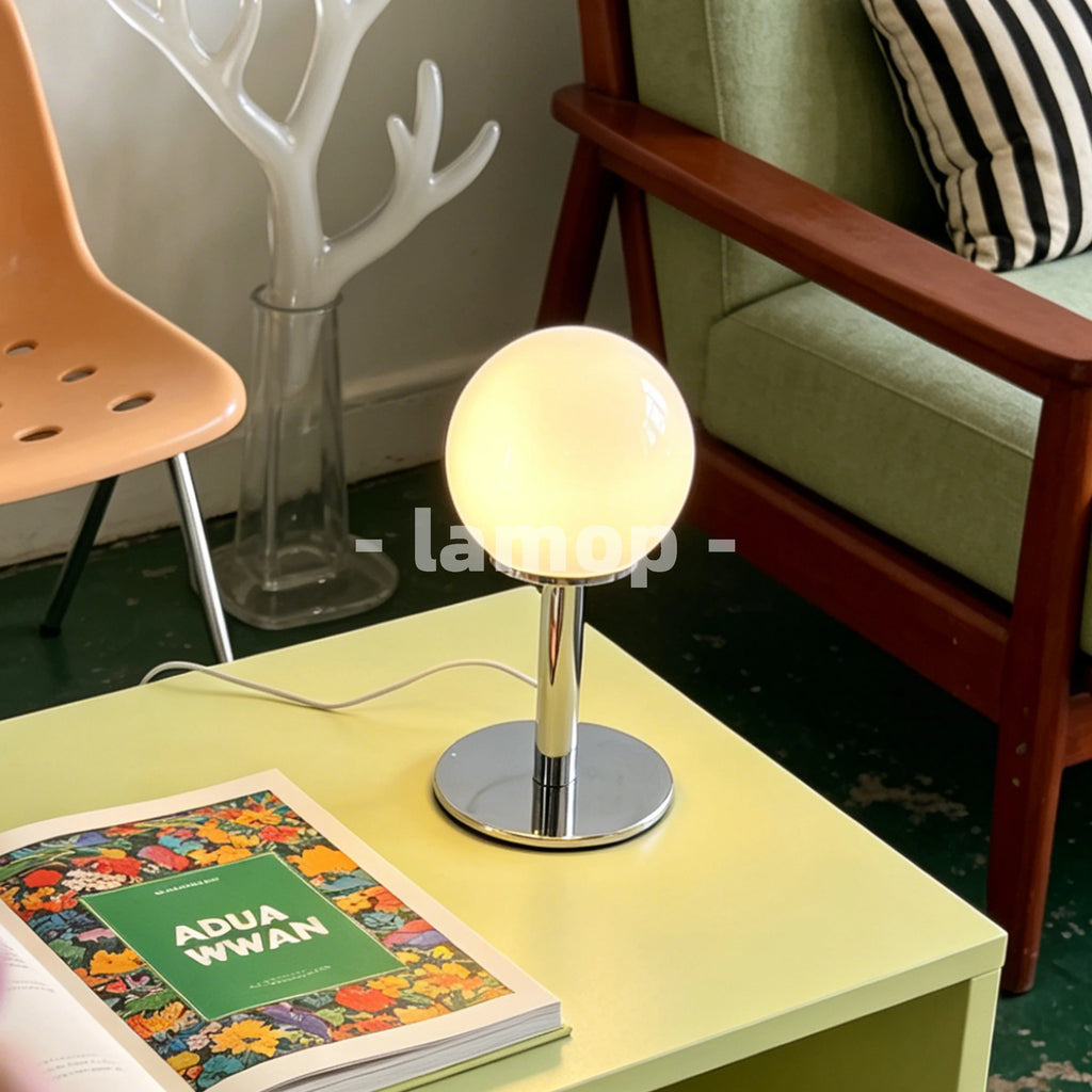 Milky White Solid Globe Chrome Thin Pole Table Lamp Cream Ins White Desk 3 Tone Soft Light Reading Table Decor Lamp