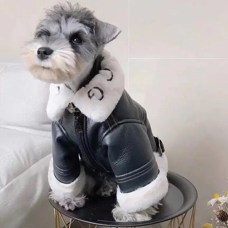 Winter Dog Coat Jacket Faux Leather Fleece Teddy Warm Pet Puppy Clothing Apparel