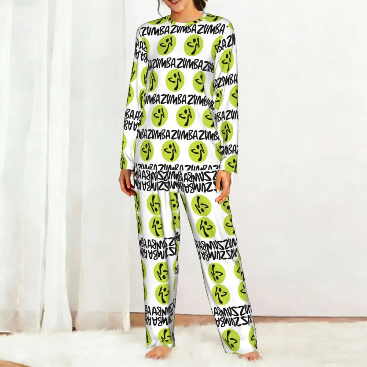 Fitness Zumba Dance Round Neck Long Sleeves Nightdress for Sleeping Sleepshirts Women Soft Pajama Set Long Pants