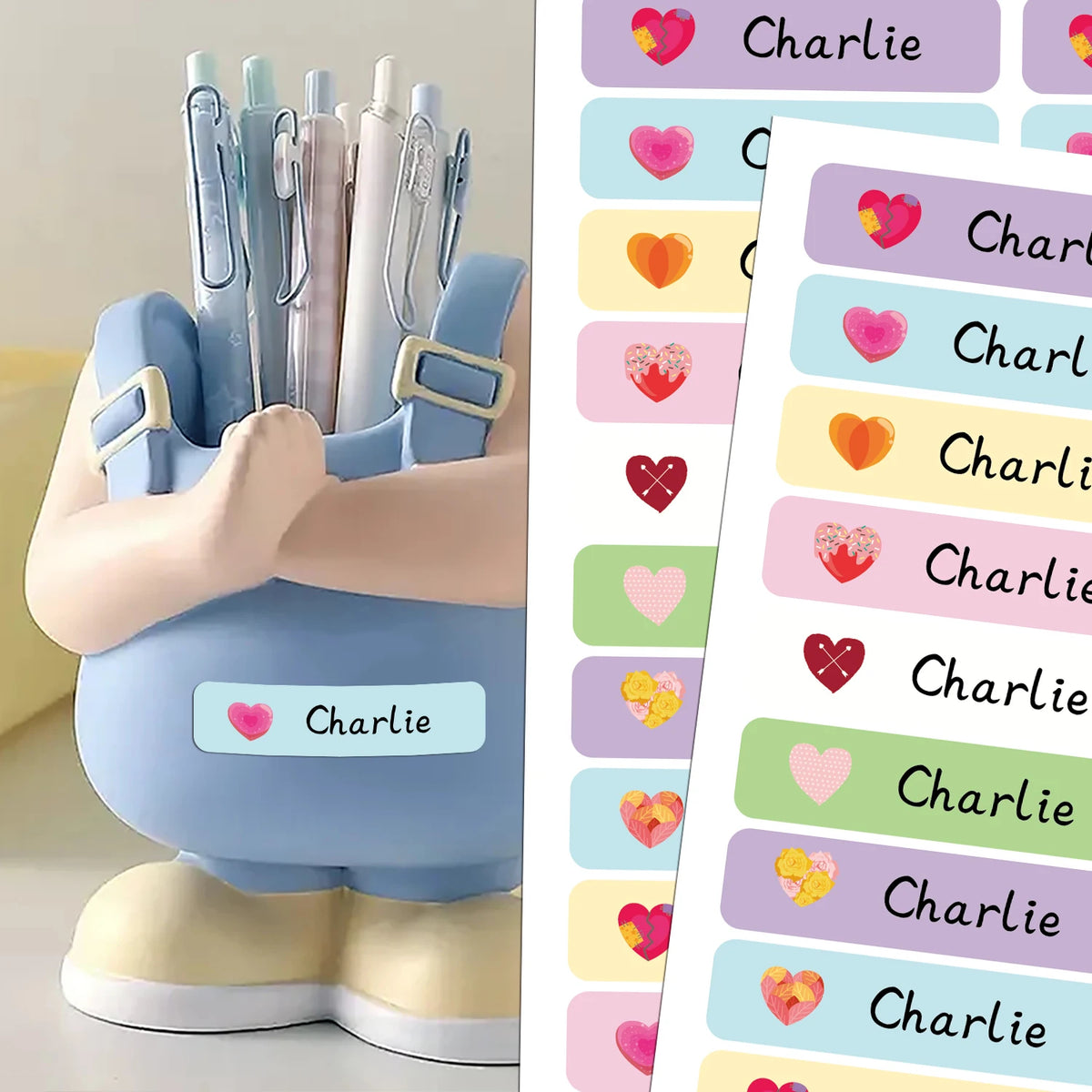 Personalized Heart Shape Name Tags Stickers Waterproof Labels For School Supplies Water Bottles Lunch Boxes Stationery Design