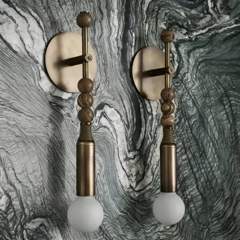 Nordic Vintage Home Decorative Design Interior Living Room Bedroom Hotel Bedside Light Solid Brass Stone Glass Shade Wall