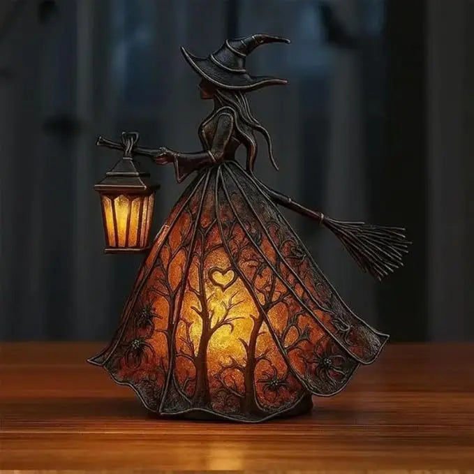 Witch Resin Tabletop Night Light with USB Powered Glow Halloween Decor for Goth Party Table Mantel Shelf Horror Movie Night