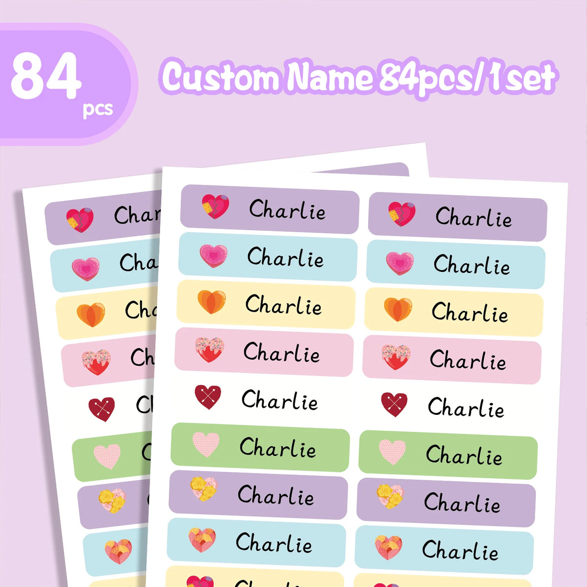 Personalized Heart Shape Name Tags Stickers Waterproof Labels For School Supplies Water Bottles Lunch Boxes Stationery Design