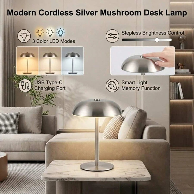 Cute Mushroom Table Lamp, Touch Control 3 Colors Dimmable, Cordless Rechargeable LED Bedside Lamp for Home Decor Gift