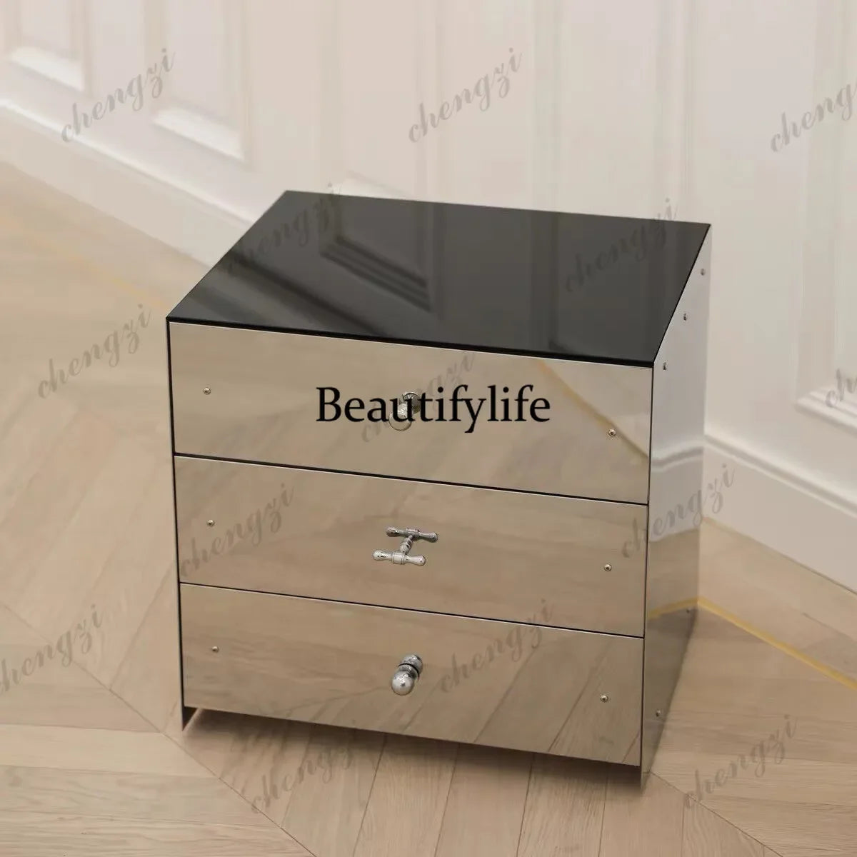 P182  Italian light luxury chest, high-end stainless steel mirror drawer cabinet, modern simple art