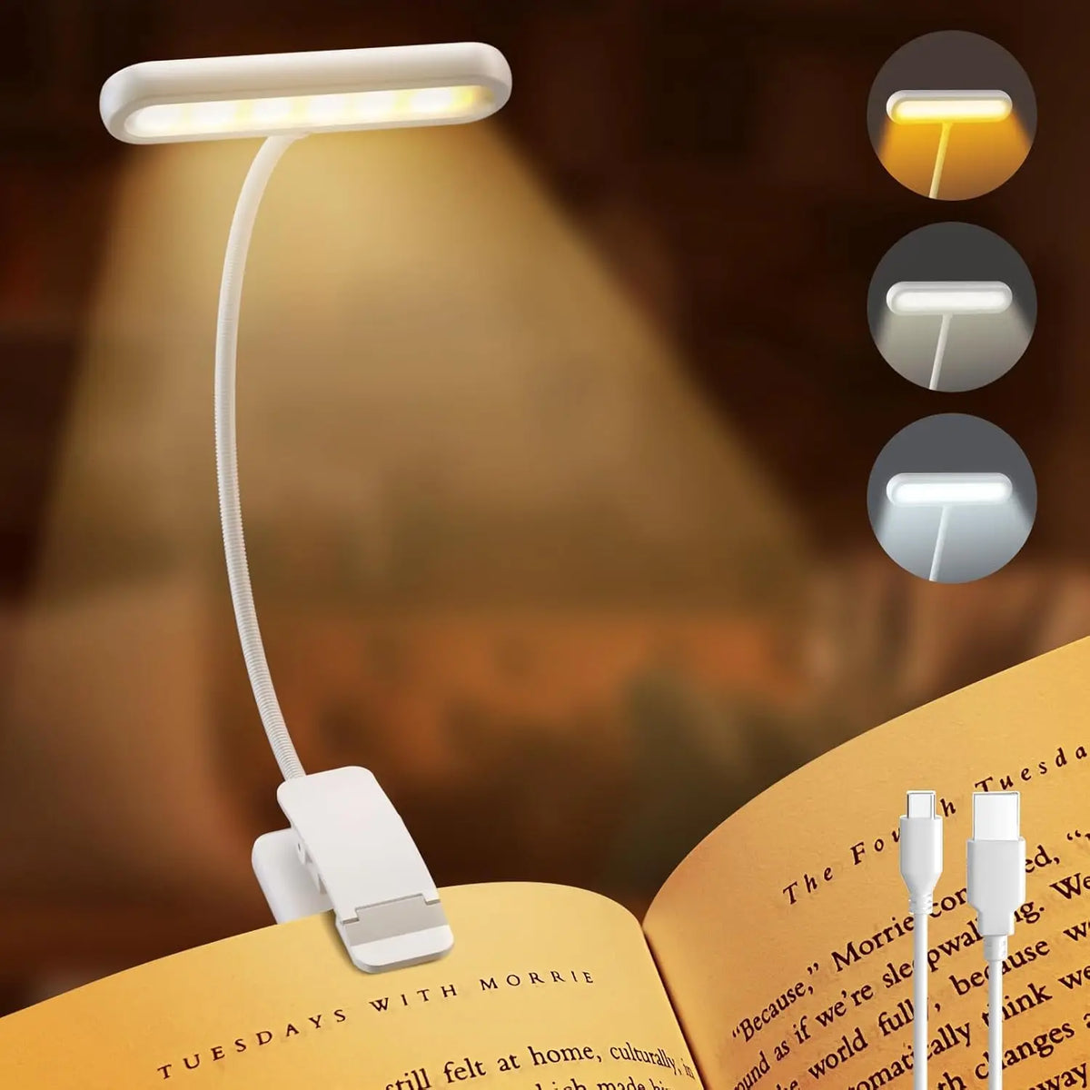 Reading Lamp Book Clamp Black/White/Pink USB Rechargeable Battery 600mAh Flexible Gooseneck Clip Light 10 Brightness Dimmable
