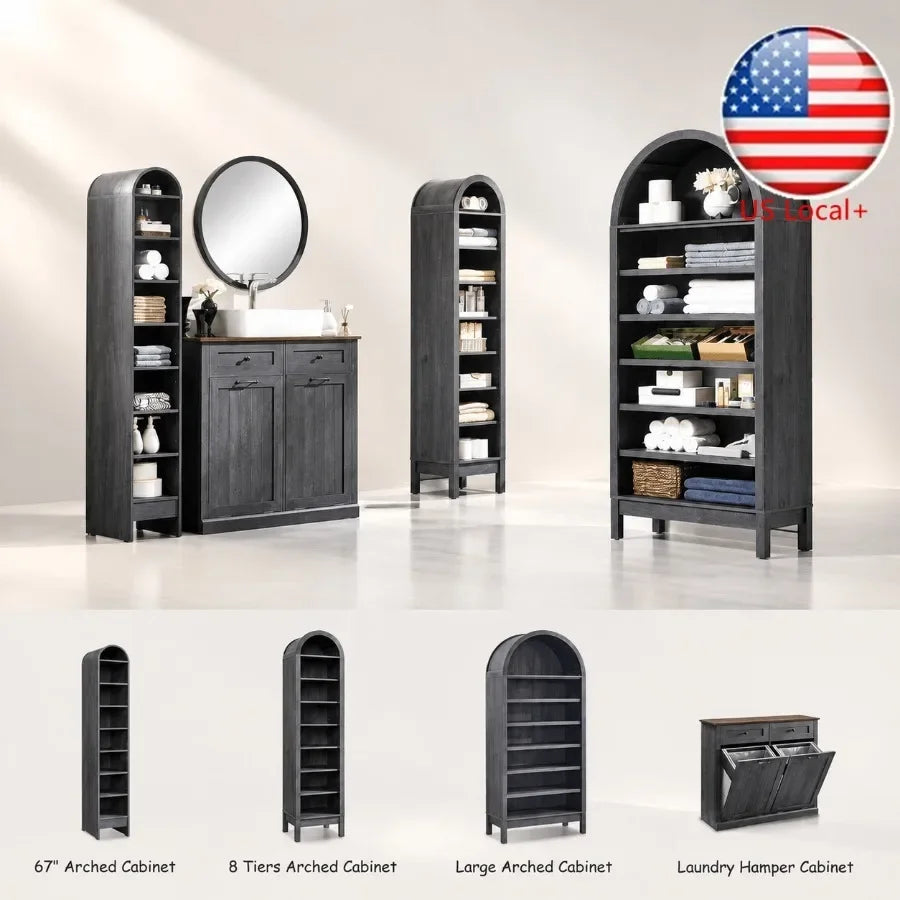 67 Tall Arched Bathroom Storage Cabinet, 8-Tier Modern Farmhouse Wood Freestanding Cabinet with Adjustable Shelves for Bathroom