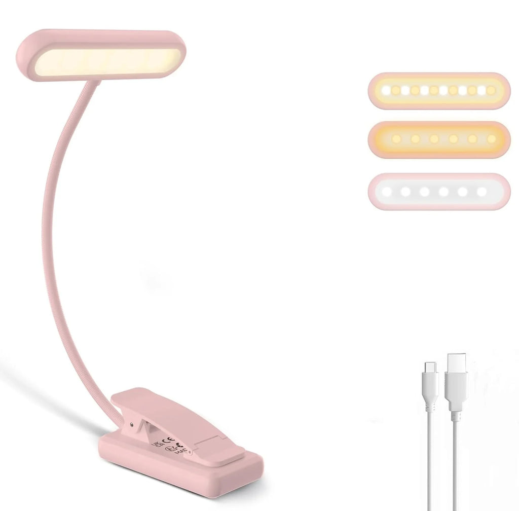 Reading Lamp Book Clamp Black/White/Pink USB Rechargeable Battery 600mAh Flexible Gooseneck Clip Light 10 Brightness Dimmable