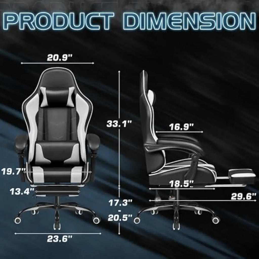 Gaming Chair with Adjustable Height Swivel Seat Reclining Backrest Up to 135 Degrees Integrated Footrest Lumbar Massage Pillow E