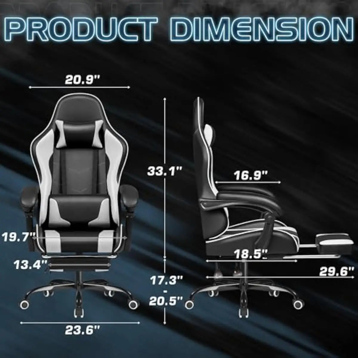 Gaming Chair with Adjustable Height Swivel Seat Reclining Backrest Up to 135 Degrees Integrated Footrest Lumbar Massage Pillow E