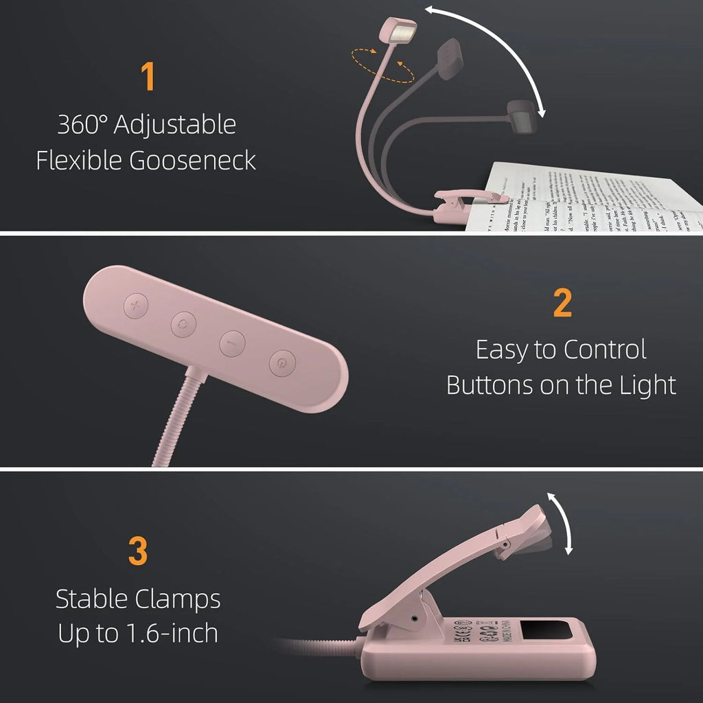 Reading Lamp Book Clamp Black/White/Pink USB Rechargeable Battery 600mAh Flexible Gooseneck Clip Light 10 Brightness Dimmable