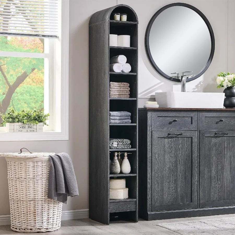67 Tall Arched Bathroom Storage Cabinet, 8-Tier Modern Farmhouse Wood Freestanding Cabinet with Adjustable Shelves for Bathroom