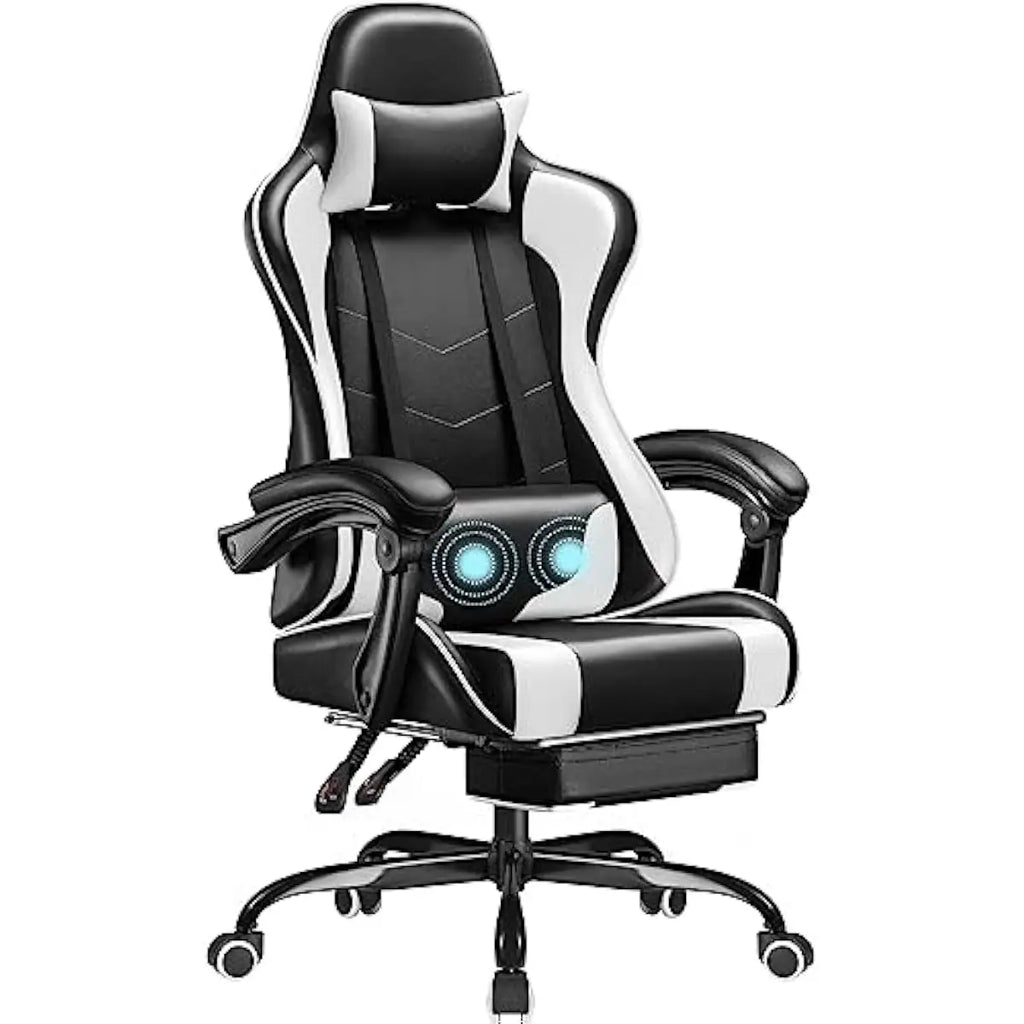 Gaming Chair with Adjustable Height Swivel Seat Reclining Backrest Up to 135 Degrees Integrated Footrest Lumbar Massage Pillow E